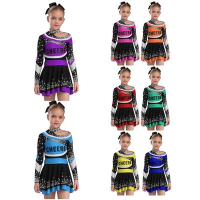 Uniforme de Animadora Estilo Varsity para Niños: Top de Manga Larga con Pedrería, Letra Escolar y Falda de Contraste para Actuación