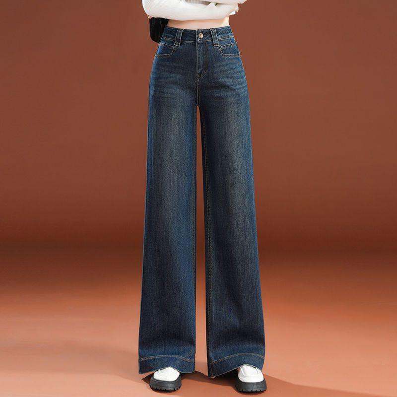 Women's Retro Wide-Leg Jeans: High-Waisted, Fleece-Lined, Slimming, Loose Fit, Floor-Length, for Autumn/Winter 2025