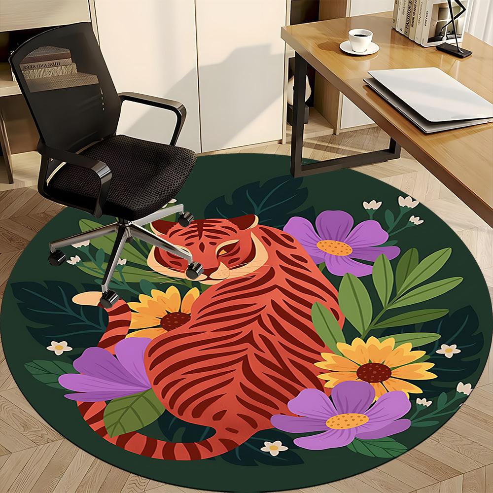 1pc Tiger Flowers Office Round Area Rug, Mat Suitable For Office, Under Office Chairs Bedroom Living Room Home Decor, Room Deco