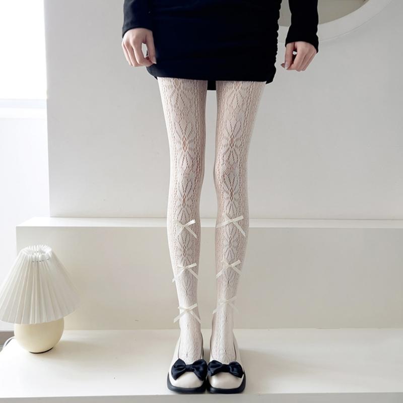 Women Hollow-Out Sheer Fishnet Pantyhose Japanese Style Sweet Bowknot JK Floral Lace Patterned Leggings Mesh Tights