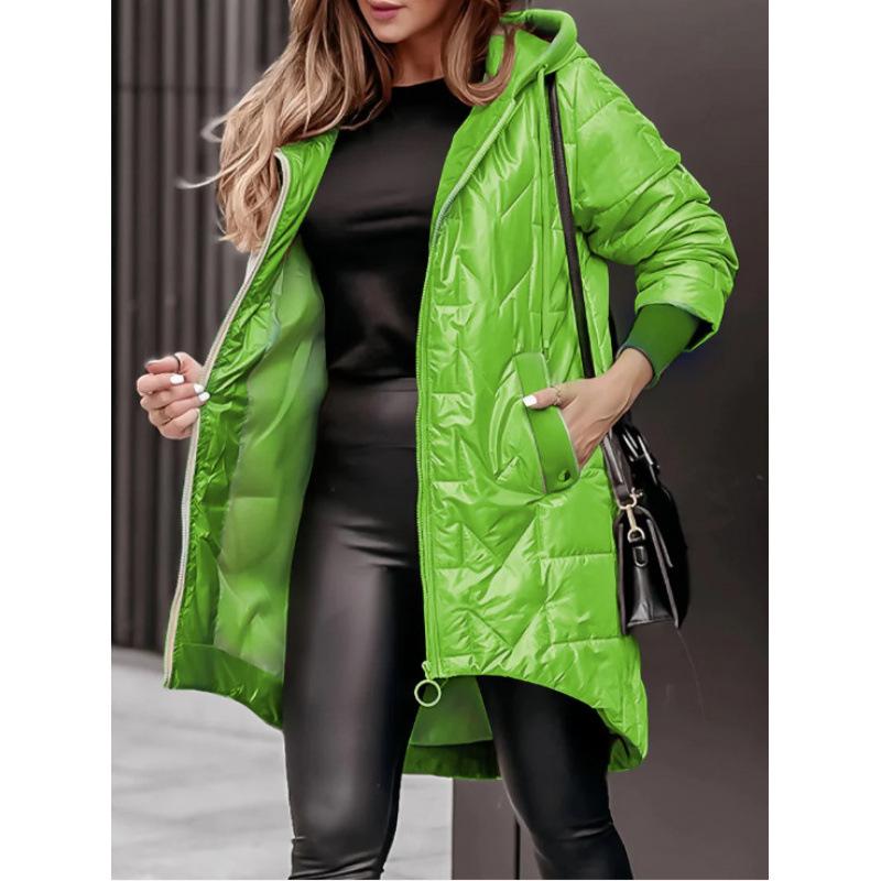 2025 Autumn/Winter Hooded Loose Cotton Padded Jacket - Solid Color, Long Sleeve with Zipper Closure
