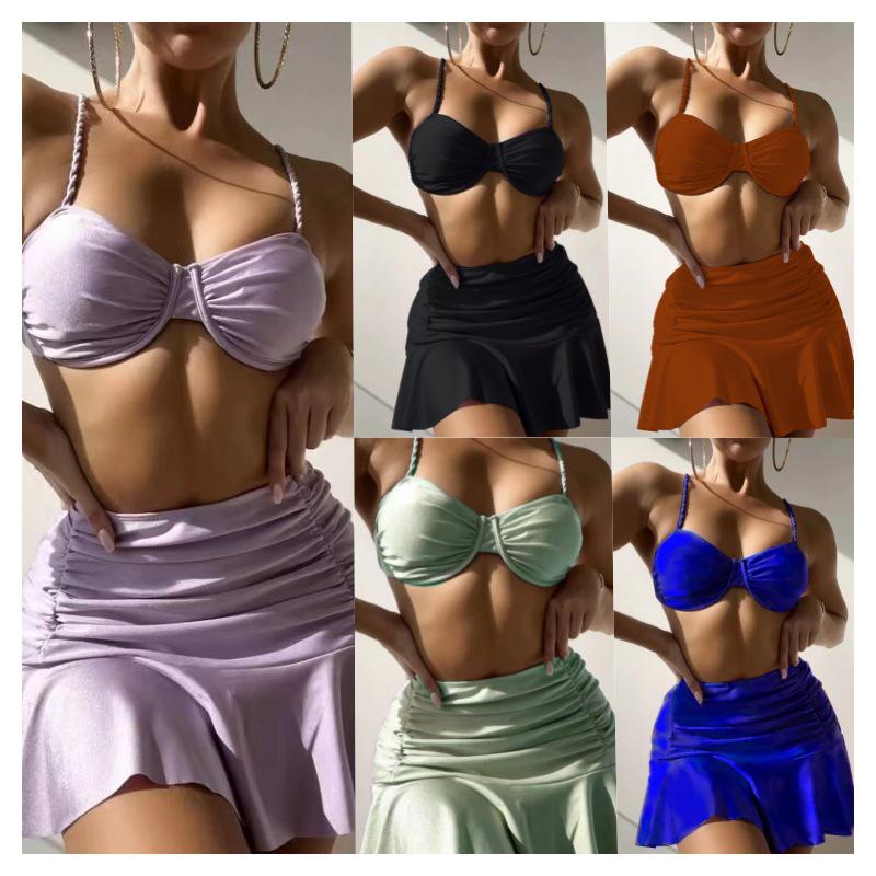 

European & American 2024 New Style Three-Piece Women s Swim Dress Bikini Set XL