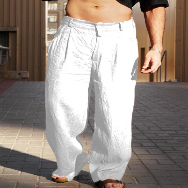 Men's Linen Pleated Wide-leg Pants for Spring and Summer with A Mid-rise Waist Breathable Jogger Pants Streetwear Men