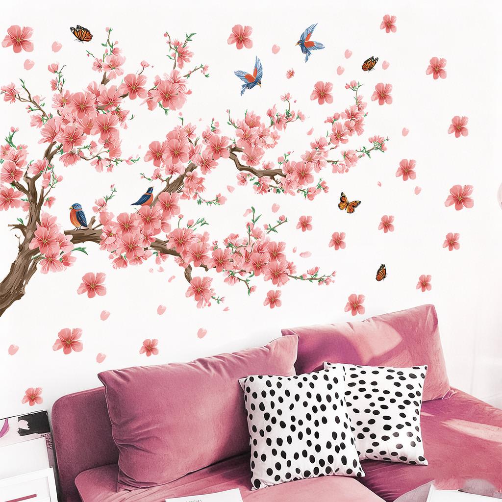 Wall Sticker Branch Cherry Blossom Birds Self Adhesive Wall Decal for Living Room Bedroom Home Decor