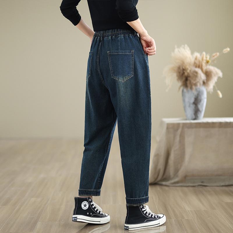 Retro Patch Embroidered Washed Jeans Plus Size Women's Autumn Stretch High Waist Slimming Harlan Daddy Pants Trousers