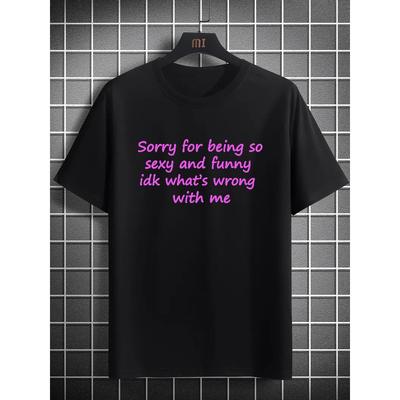 European Size [Humorous Letter T-Shirt] Lightweight Cotton Men's Casual Short-Sleeve T-Shirt - Humorous Letter Print, Crew Neck, Machine Washable