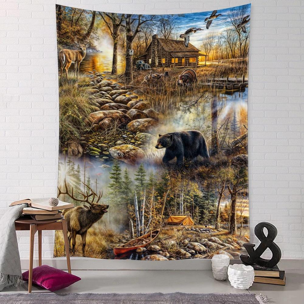 Brown Bear And Elk Forest Cabin Tapestry Wall Hanging Modern Art Landscape Hippie Bohemian Living Room Bedroom Home Decor