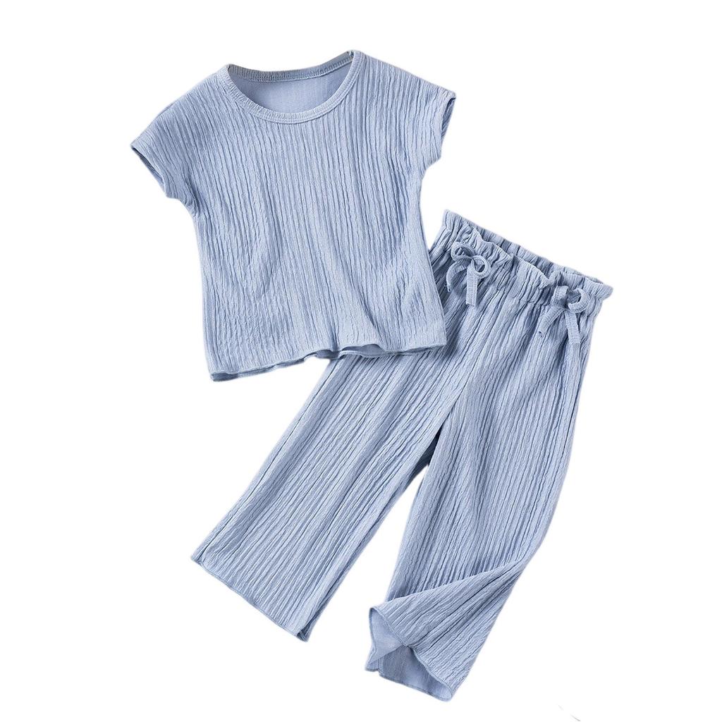Girls' Solid Color Set - Short Sleeve Top & Pants Outfit