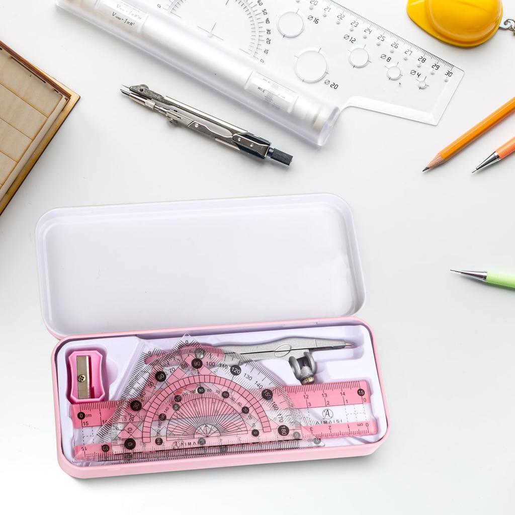 Compass Geometry Tool Protractor and Compass Set with Metal Box Drawing Compass with Rulers Math Compass Kit for Class Supplies and School 8 Piece
