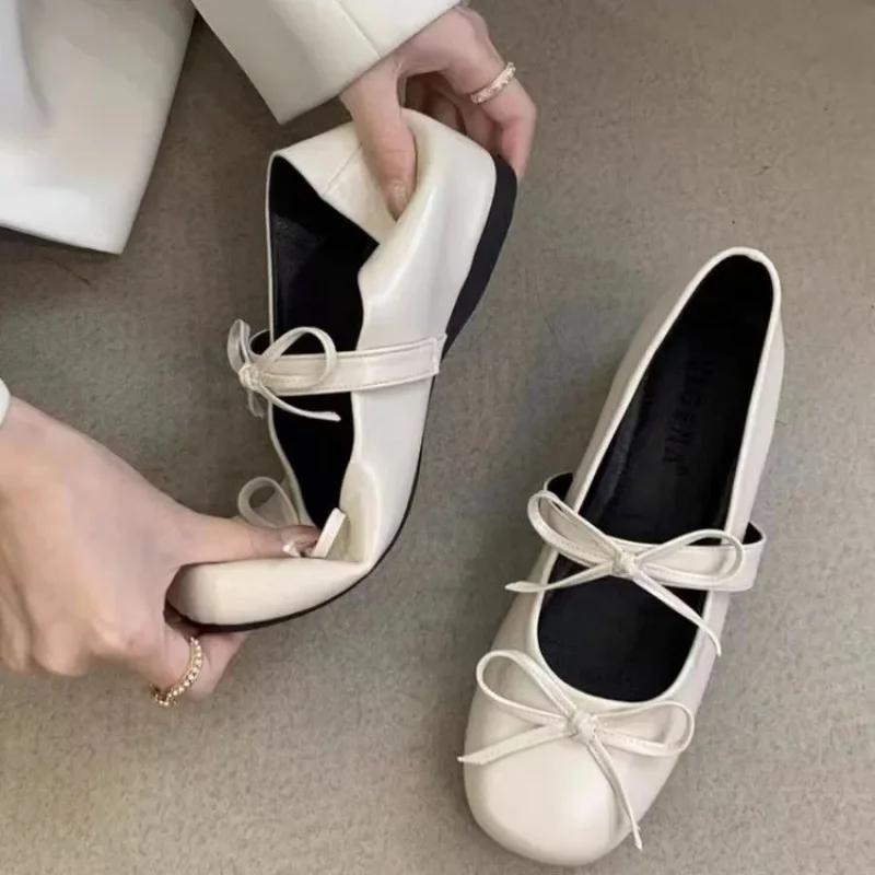 Round Toe Shoes Woman Flats Bow-Knot Casual Female Sneakers Low Heels Dress Summer Butterfly Comfortable On Heels Buckle Strap