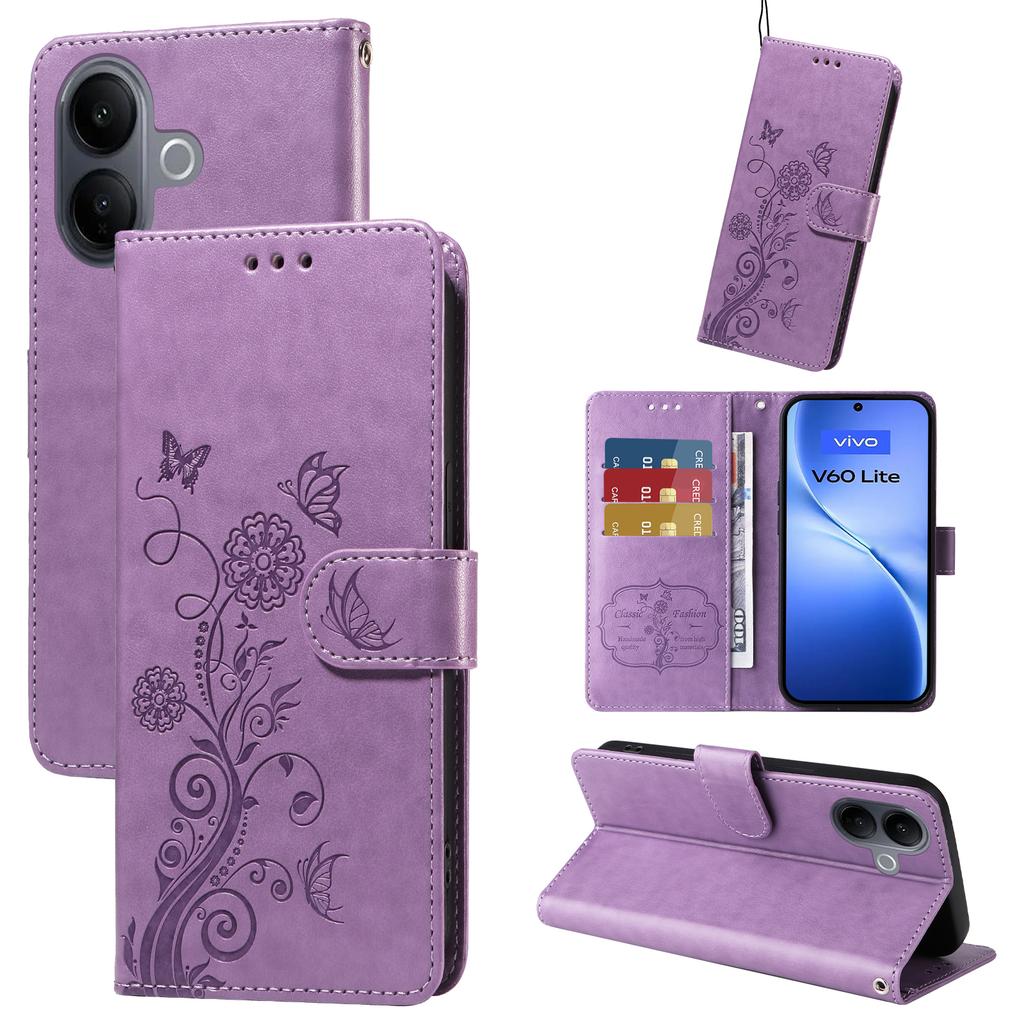 For vivo V60 Lite 5G Leather Case Butterfly Floral Imprint Wallet Stand Cover