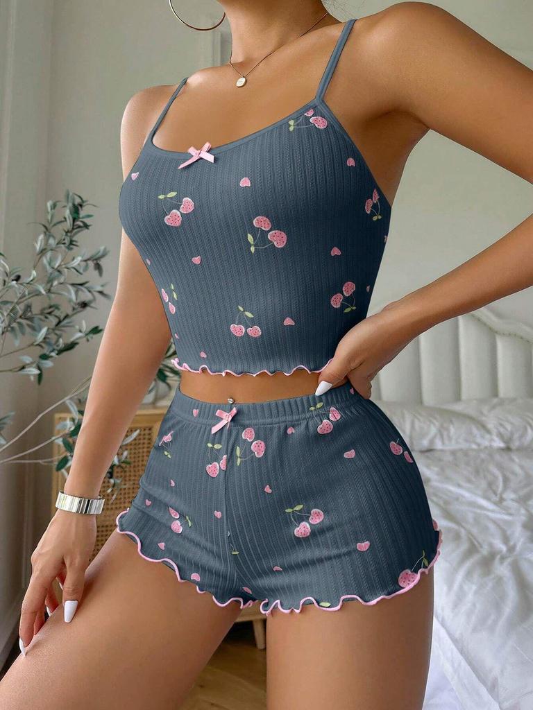 European and American Summer Camisole & Elastic Waist Shorts Pajamas Set - Women's Jacquard Print Homewear