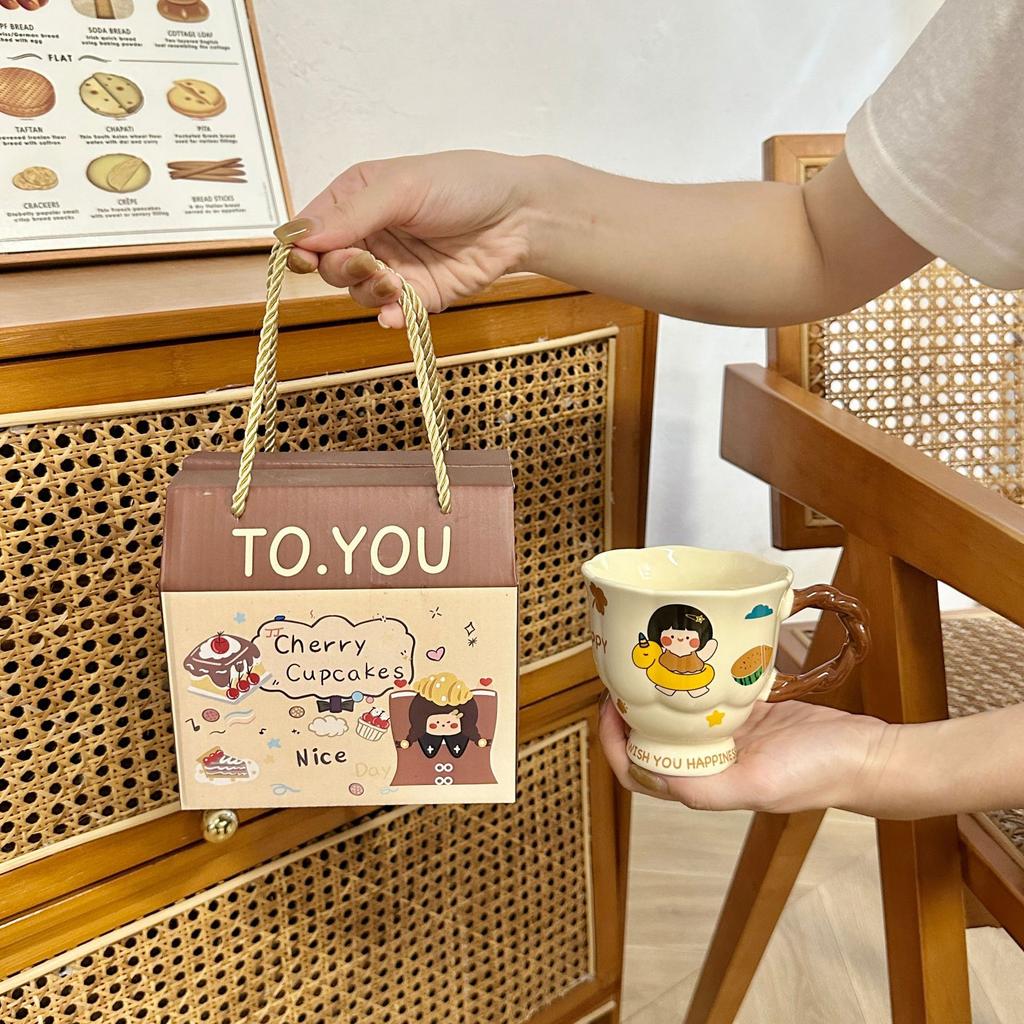 Cartoon Boy and Girl Couple Ceramic Mug Souvenir High Footed Cup To Give Birthday Gift To Friends Best Friend Sisters