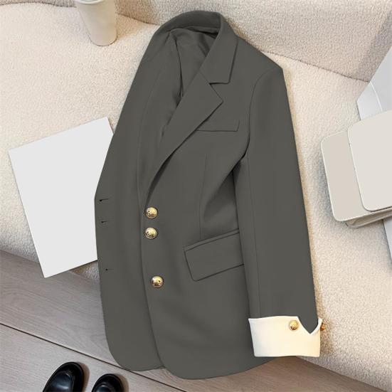Women Suit Coat Lapel Long Sleeve Single Breasted Suit Jacket with Flap Pockets Loose Fit Basic Solid Color Office Commuting Outerwear