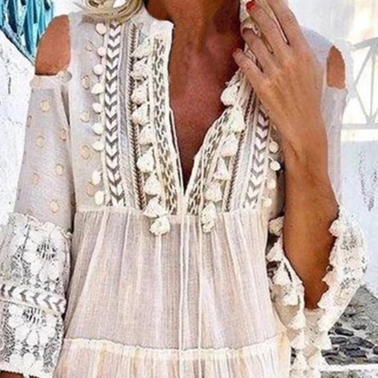 Deep V Neck Mini Dress Solid Color Women Tassel 45720 Sleeve Shift