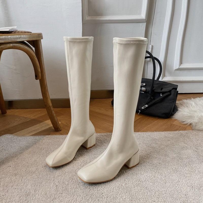 

Женские ботильоны до щиколотки, белые ботфорты выше колена, весенне-осенние, стройнящие, на блочном каблуке, одинарные ботинки, резиновый материал 40