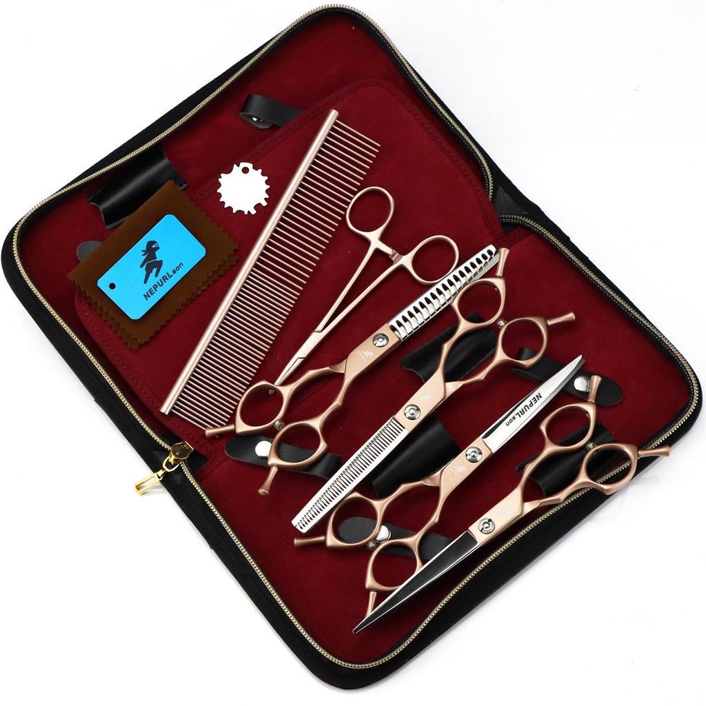 6.5" Rose Gold Pet Grooming Scissors Set: Straight & Curved Scissors, Fishbone Thinning Shears, Grooming Comb.