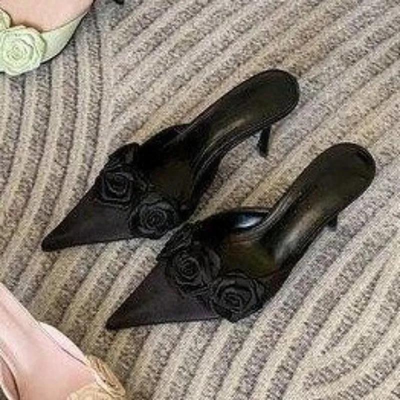 Fashion Pink Rose Flower Mules Stiletto Heels Pointy Toe Satin Slip On Summer Sexy Lady Elegant Dress Bride Wedding Sandals Slippers