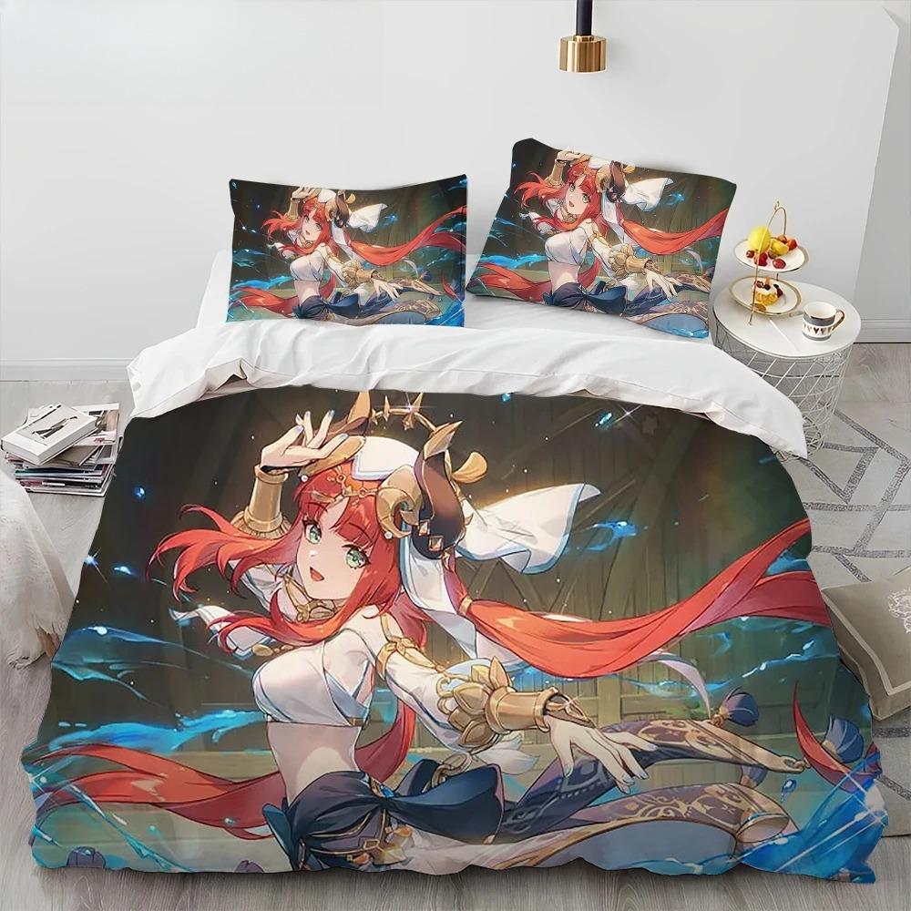 Genshin Impact Game Gamer Cartoon Comforter Bedding Set,Duvet Cover Bed Set Quilt Cover Pillowcase,king Queen Size Bedding Set