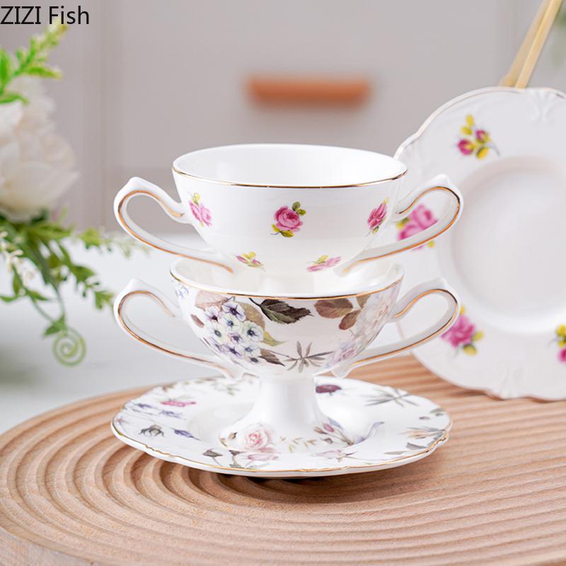 Gold Plated Flower Edge Pattern Porcelain Cup Icecream Mug Dining Table Milk Coffee Mugs Afternoon Tea Teacup Fruits Juice Cup