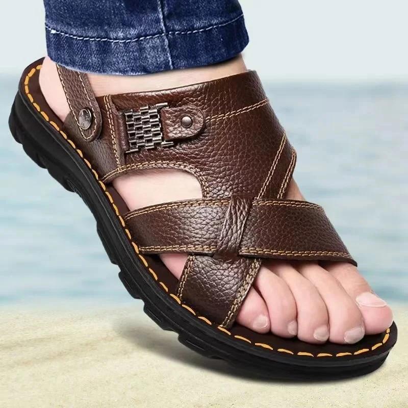 Summer New Men's Leather Sandals, Leather Anti Slip Men's Shoes Slippers, Outdoor Thick Soled Beach Shoes Men's Shoes Sandals
