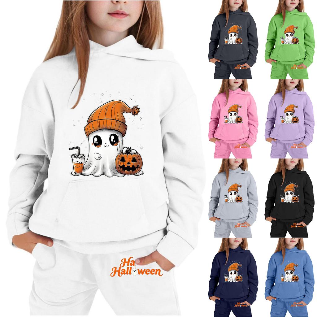 Kids Halloween Hoodie Set Long Sleeve Pullover Top and Pants with Ghost Pumpkin Print Comfortable Fit for Boys and Girls