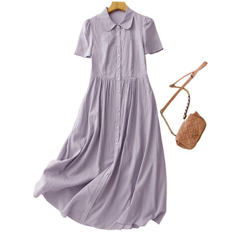 Real shot summer new cotton and linen literary loose casual large size doll collar dress women's clothing