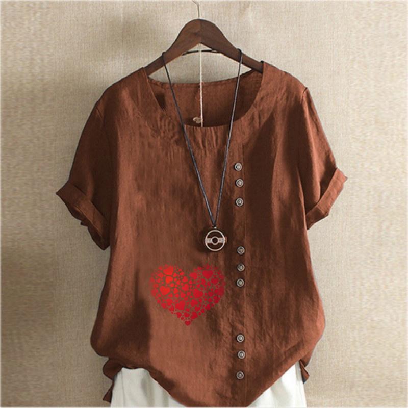 Women's Fashion Round Neck Short Sleeve T-shirt Casual Cotton Linen Graphic Shirt Leisure Loose Heart-shaped Prined Summer Blouse Tops