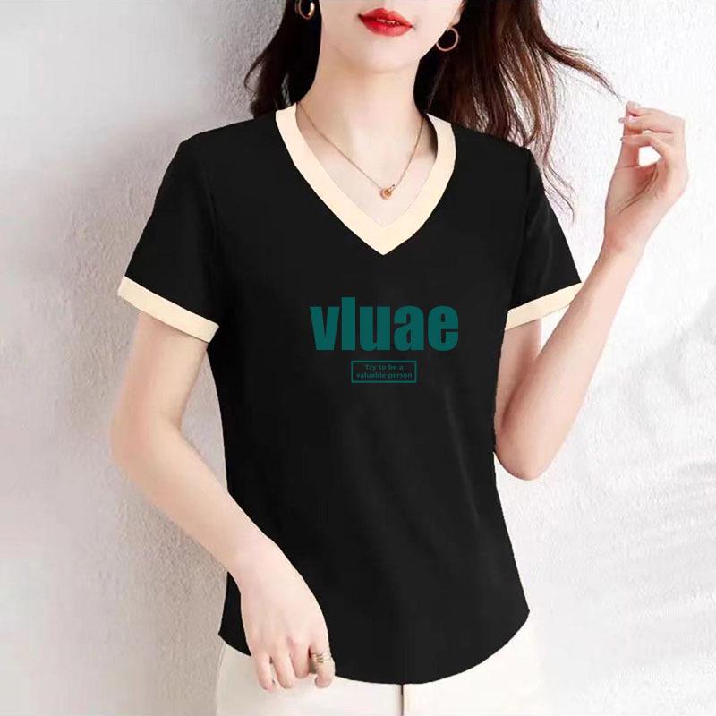 

Женская хлопковая футболка с V-образным вырезом и коротким рукавом большого размера - Приталенный крой, летний стиль L [90-105 kg recommended]