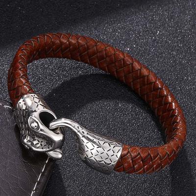 Bracciale Retro in Acciaio Inossidabile con Testa di Serpente in Vera Pelle per Persone Trendy