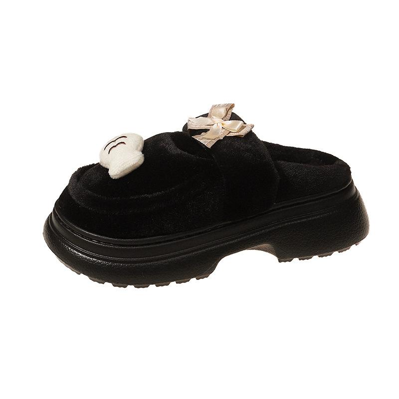 Bow puppy cotton slippers outer wear women's 2025 autumn and winter season piled thickened non-slip thick-soled versatile cotton shoes