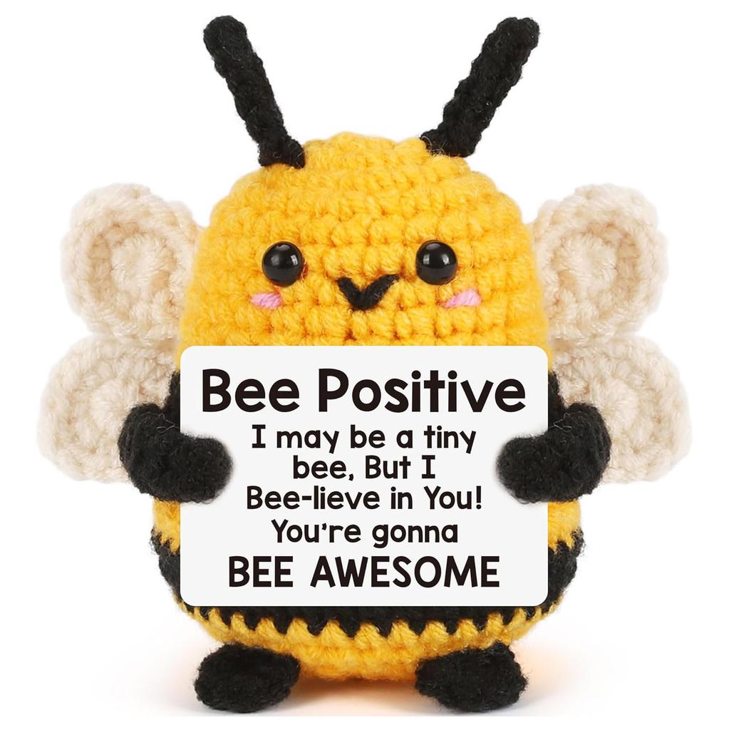 Positive Crochet Bee Doll with Encouraging Card Emotional Support Handmade Knitting Big Butt Bee Animal Room Decoration Ornament
