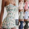 Women's Spaghetti Strap Sleeveless Mini Dress High Waist Slim Fit Floral Print Sweet Casual Bodycon Dress