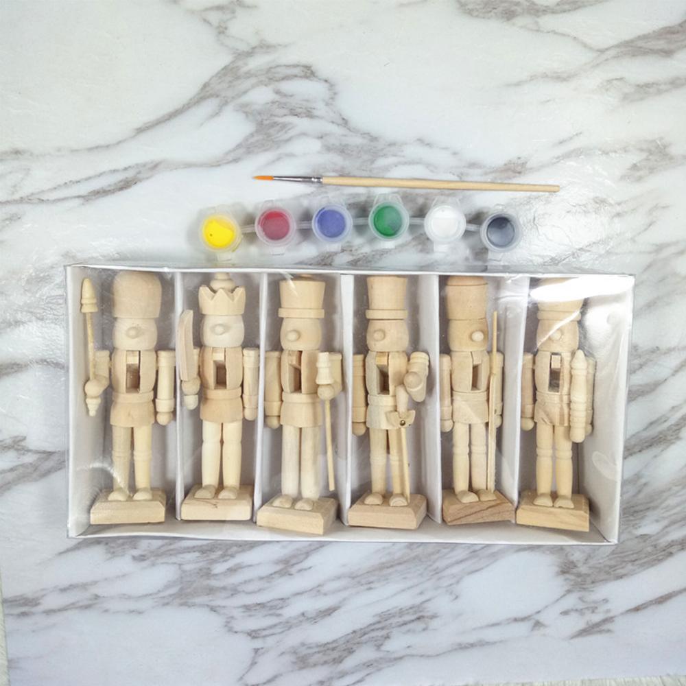 6PCs Christmas DIY Crafts Wooden Unfinished Nutcracker Figurine Unpainted Nutcracker Puppet Walnut Soldier Ornament Unfinished
