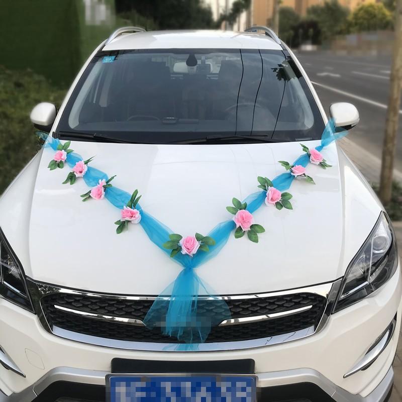 Soft Organza Tulle White Silk Rose Garland Romantic Wedding Car Front Hood And Door Handle Decoration Accessory