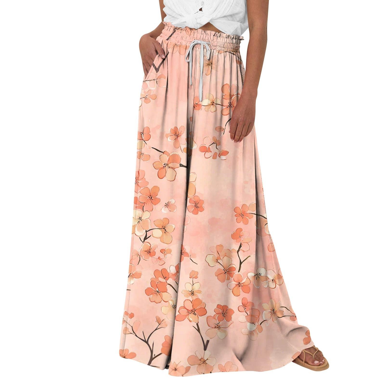

Женские брюки-палаццо с цветочным принтом в стиле бохо, широкие брюки, летние пляжные струящиеся брюки с высокой талией и карманами XL оранжевый