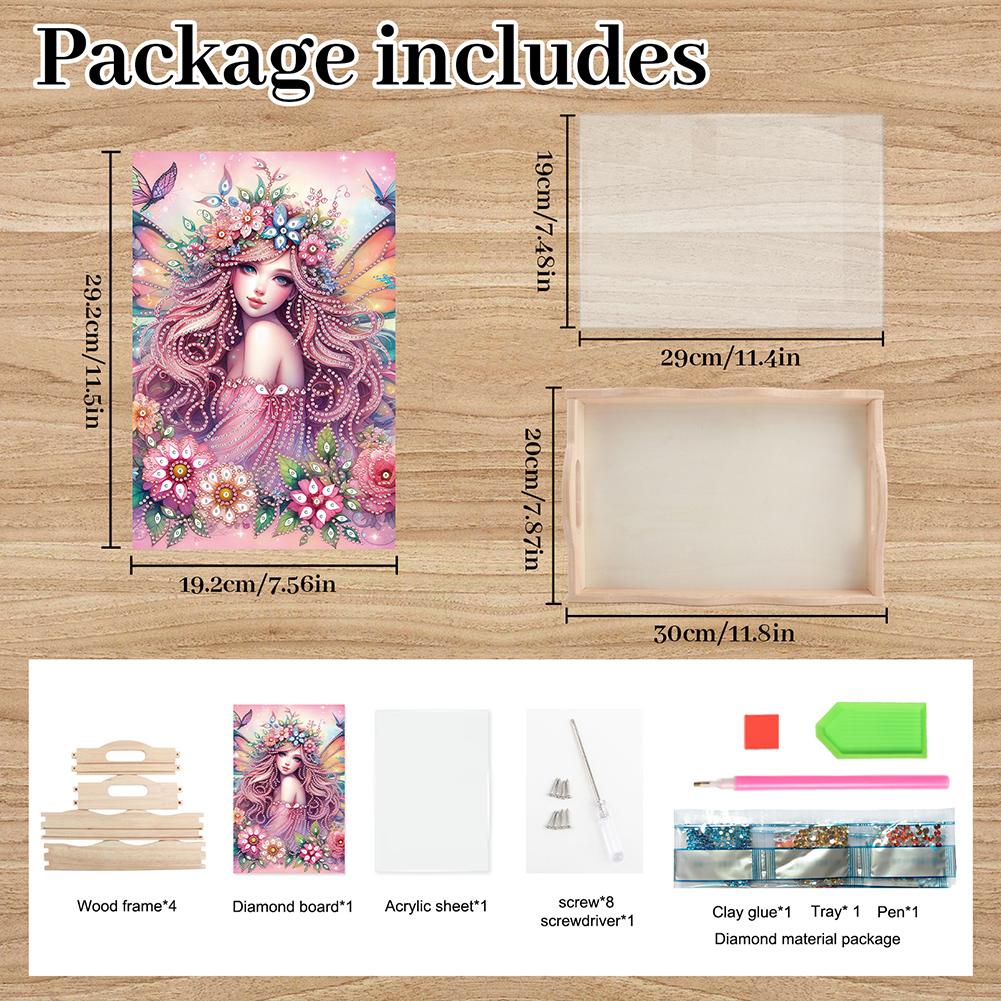 Wooden Girl Girl Diamond Painting Tray Handicraft with Handles Rectangular Diamond Decorative Serving Tray for Desk Coffee Table