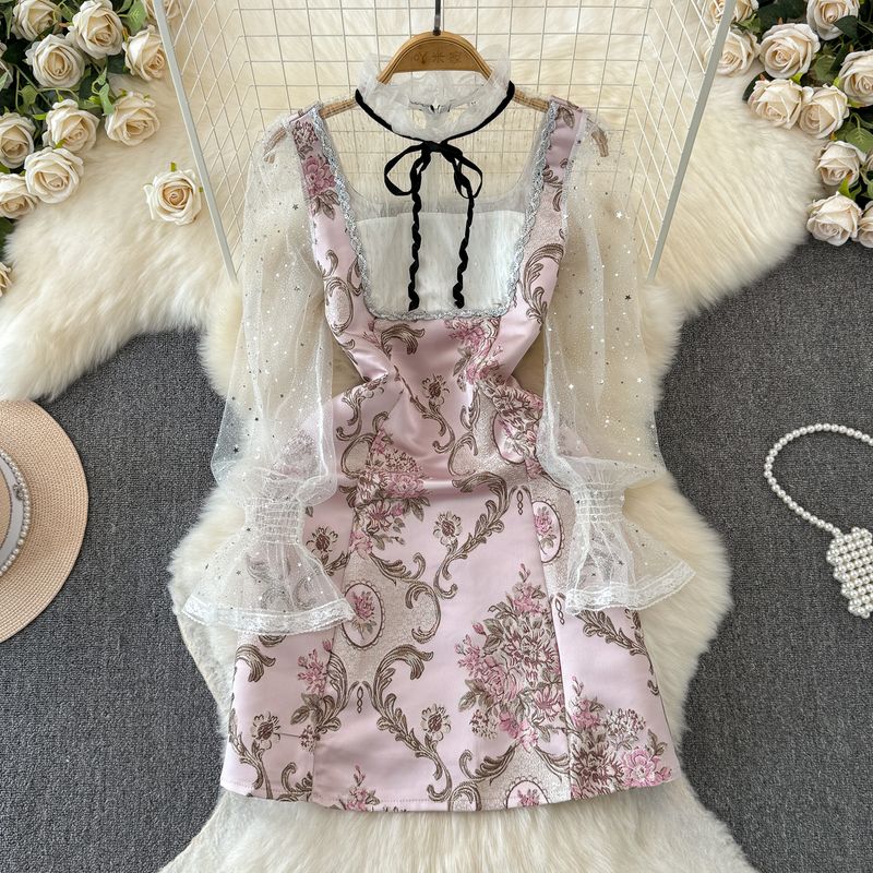 

Высококлассная модная женская одежда Летнее жаккардовое вышитое сетчатое платье с рукавами-колокольчиками, приталенное, стройнящее, с воротником-принцессой, милое Pink 2XL