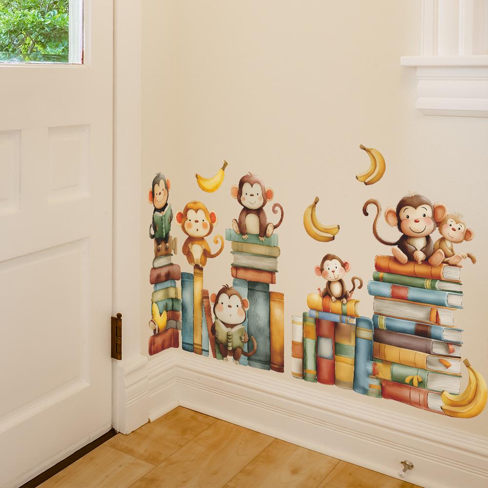 Self-adhesive Wall Stickers Cartoon Monkey Reading Book for Kids Room Bedroom Nursery Home Decor
