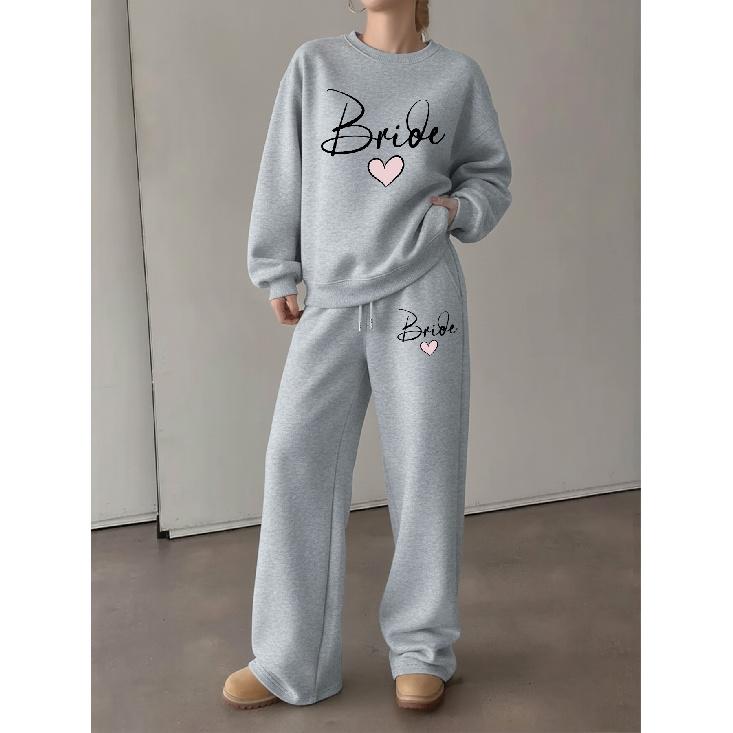 Women's Fall/Winter Crewneck Sweatshirt & Wide-Leg Pants 2-Piece Set - Soft Printed Long Sleeve Loungewear & Autumn Outfit