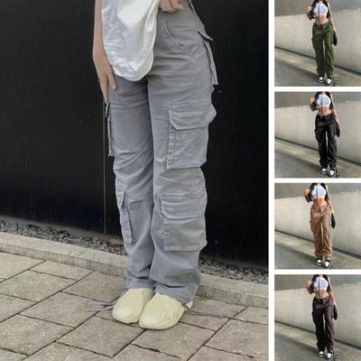 Ladies Cargo Pants Elastic Waist Hip Hop Solid Color Multi Pockets Soft