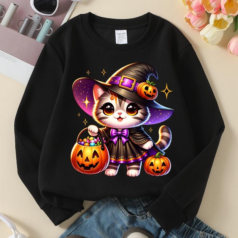 Kids Crewneck Sweatshirt, Cute Halloween Witch Cat with Pumpkin Basket Print, Soft Casual Pullover for Fall Winter