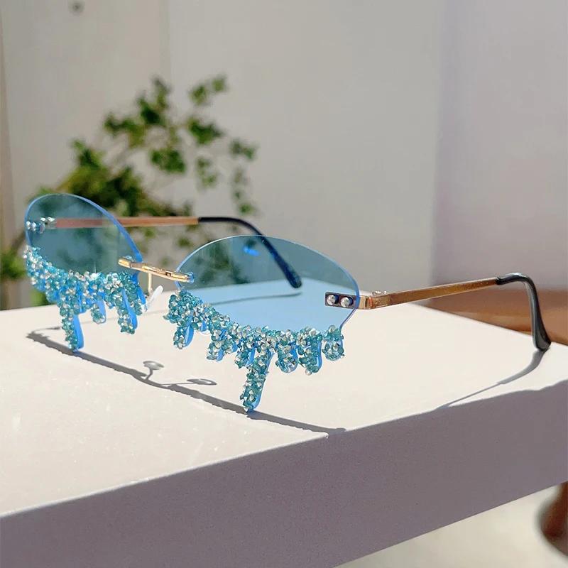 Rimless Tear Shaped Sunglasses with Rhinestones Women Fashion Decorative Shades Trendy Stylish Design Rave Sun Glasses