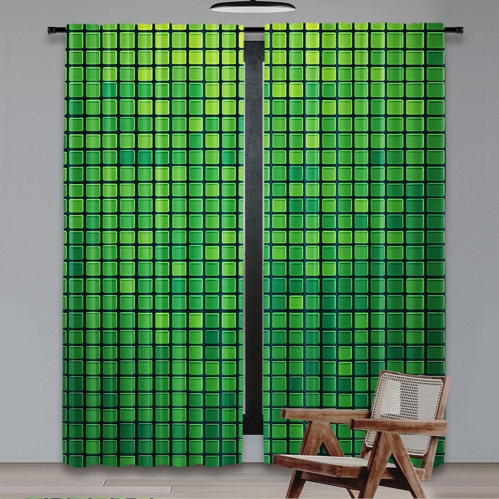 

2Pcs Green Curtain Abstract Vibrant Square Pixel Mosaic Design Geometric Technology Grid Suitable For Bedroom Bathroom Living 29x65in(75x166cm)