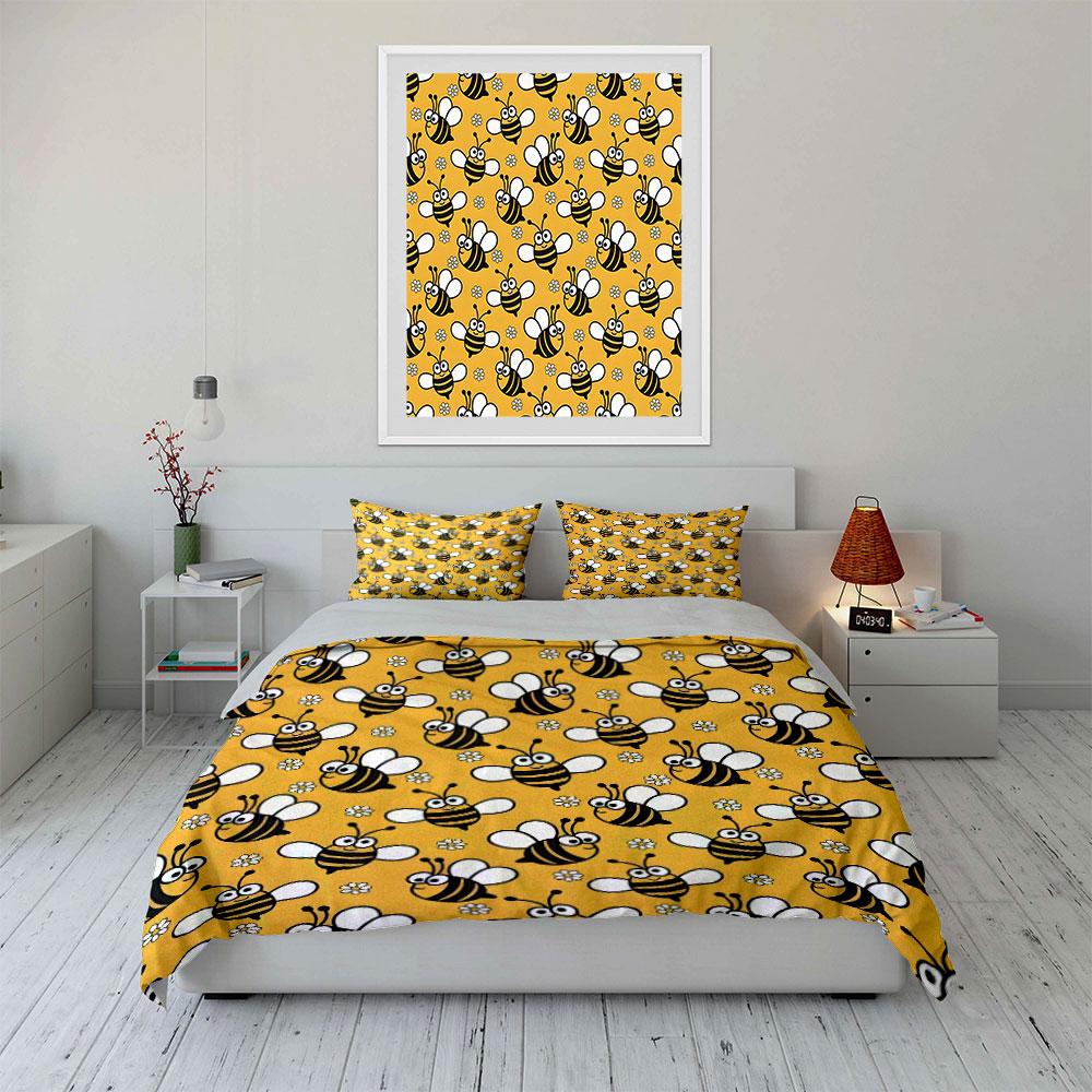 Cute Cartoon Bees with Flowers Bedding Duvet Cover Set (1*Duvet Cover 2*Pillowcases, without duvet insert)