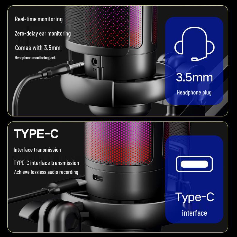 RGB Touch Button USB Condenser Microphone with Cantilever Stand for Gaming and Live Streaming