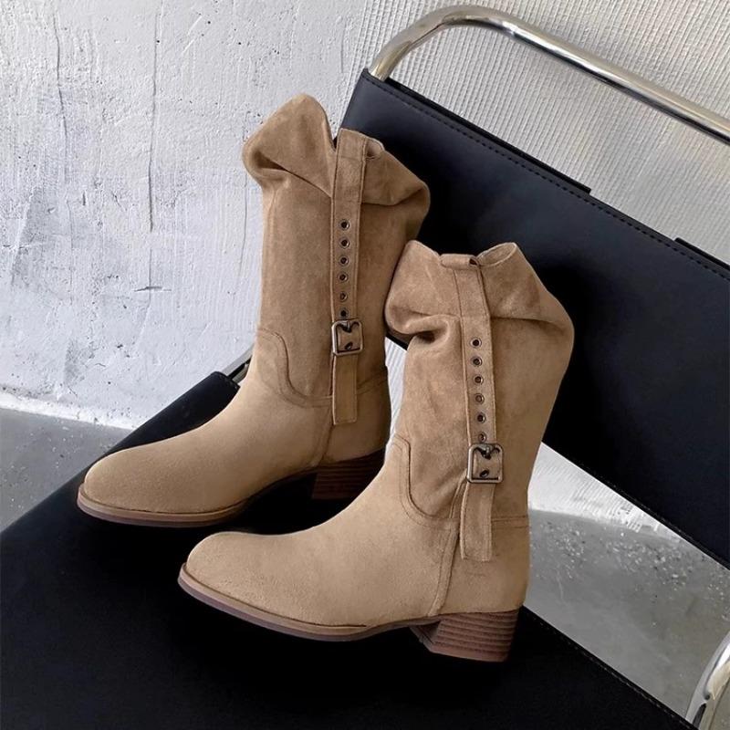 

High mercerized cow flip stack boots women s medium boots autumn and winter new round head thick heel sleeve belt buckle single boots 35 абрикосовый