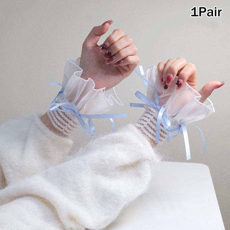 1Pair Nail Art Lace Tulle Photo Glove Fake Pleated Cuff Ribbon Bow Manicure Photography Props Nail Tips Display Lolita Sleeves