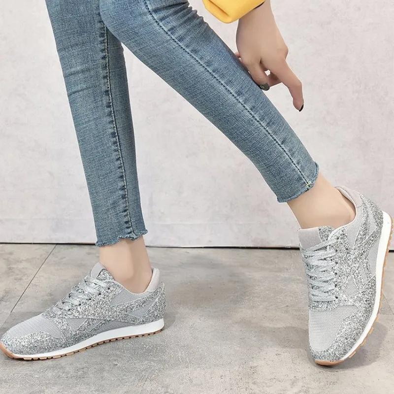 Women Sneakers Shining Glitter Autumn Flats Plus Size 43 Mesh Breathable Ladies Tenis Trainers Shoes Feminino Platform Shoes