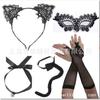Halloween Mask New Women Lace Cat Ears Punk Style Set Necklace Choker Gloves Tail